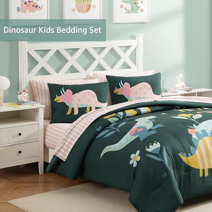 Full Size Comforter Sets for Girls, Dinosaur Kids Bedding Set with Cute Floral, All Season Boys Teen Bed in a Bag 7 Pieces with Sheets, Pillowcases & Shams