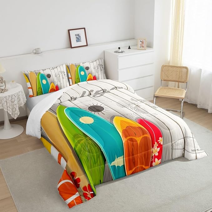 Colorful Surfing Bedding Set Full Size for Kids Boys Girls Home Room Decor,Hawaiian Ocean Style Comforter Set Rustic Farmhouse Barn Quilt Set Flower Sun Surfboard Bedspread,2 Pillowcases