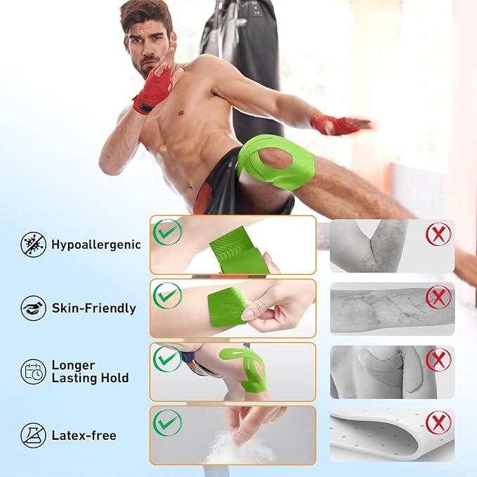 PreCut Kinesiology Tape for Knees, 12 PCS Waterproof KTQUICK Knee Tape for Knee Pain Relief Pre Cut, Original Cotton Athletic Knee Tape, Waterproof & Hypoallergenic Latex-Free for Sports (Green)
