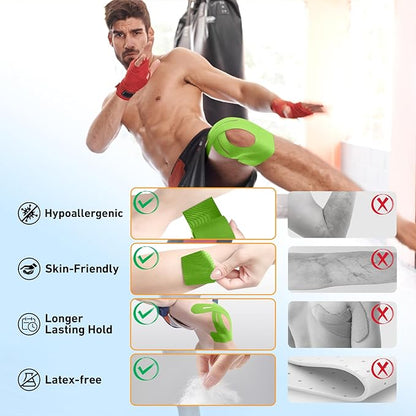 PreCut Kinesiology Tape for Knees, 12 PCS Waterproof KTQUICK Knee Tape for Knee Pain Relief Pre Cut, Original Cotton Athletic Knee Tape, Waterproof & Hypoallergenic Latex-Free for Sports (Green)
