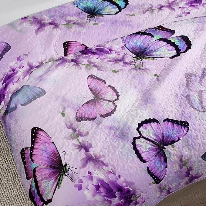 Lavender Purple Butterfly Quilts Bedding Full 3Pcs Colorful Butterfly Pattern Quilt Bed Set Aesthetics Butterflies Lightweight Soft Bedspreads Coverlet with 2 Pillowcases for Boys Girls Adult Room