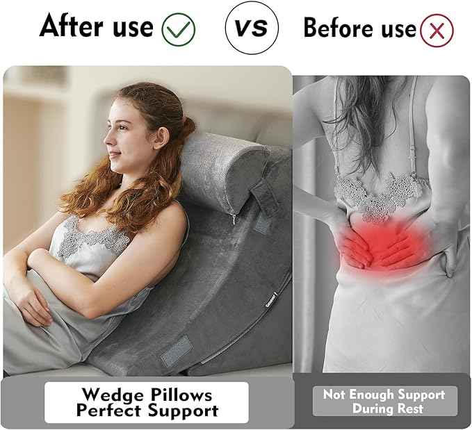 4Pcs Wedge Pillow for Sleeping, Orthopedic Bed Wedge Pillows for After Surgery, Foam Triangle Sit Up Pillow Wedge for Back, Neck, Shoulder Support, Leg Elevation, Acid Reflux, Gerd, Snoring Light Grey