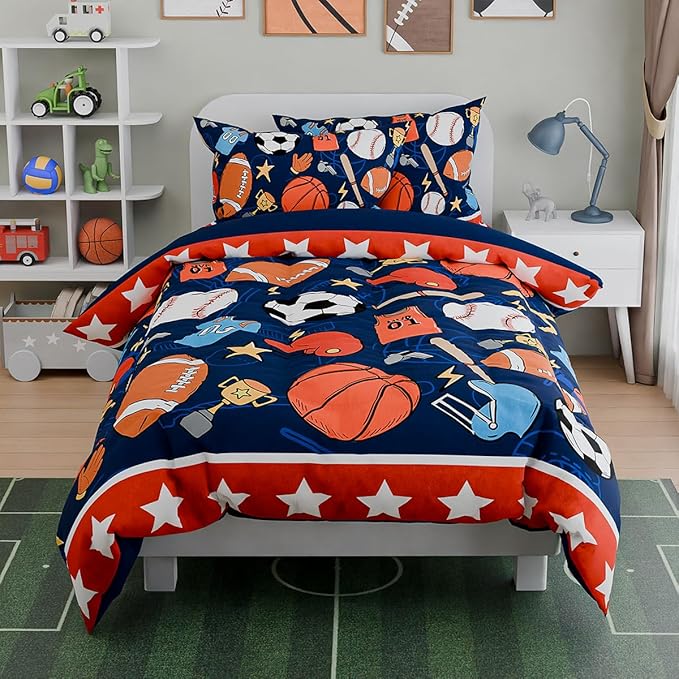 SANDJEST Sports Bedding Sets for Boys, Ultra Soft Microfiber Comforter Full Size Set with 4-Pieces, Comforters for Kids Children Boy Bedroom Decor