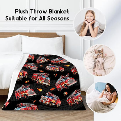 Kids Throw Blanket Fire Truck Gifts for Teens Boys - Lightweight Furry Flannel Blankets for Bedroom (50"x60")