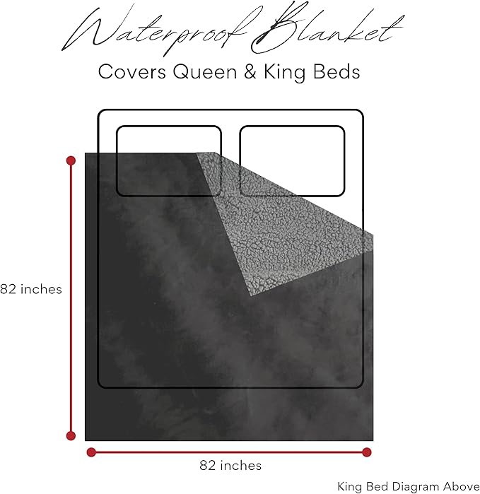 Waterproof Blanket King Size, Black & Gray 82x82"- Water Proof and Stain Resistant Blankets for Couples Bed Intimacy, Fleece Moisture Absorbent, Layered Sheet Protector, Leakproof Protective Top Cover