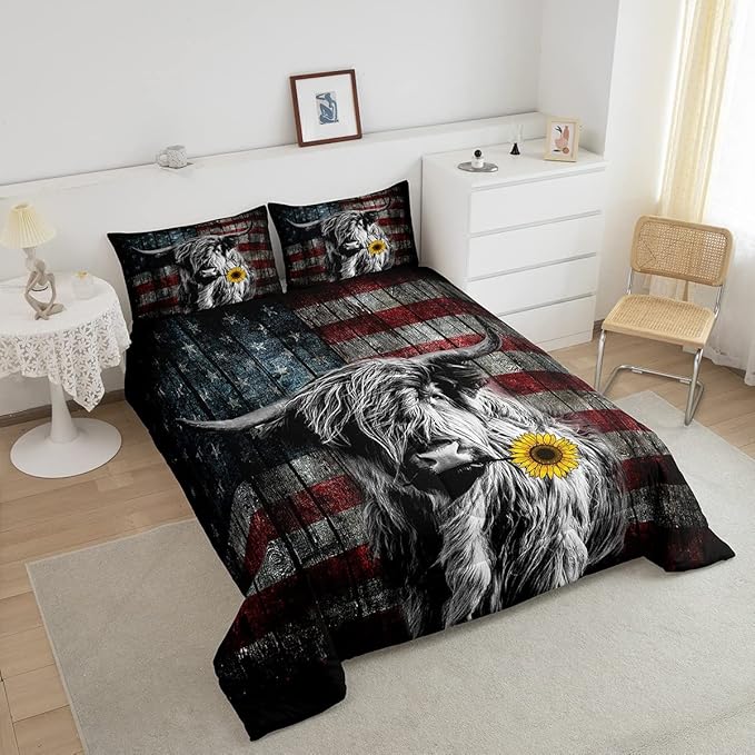 Feelyou Highland Cattle Bedding Set Sunflower Highland Cow Comforter Set for Kids Boys Girls America Flag Bull Comforter Animal Quilt Set 1 Comforter Set with 2 Pillowcases Queen Size