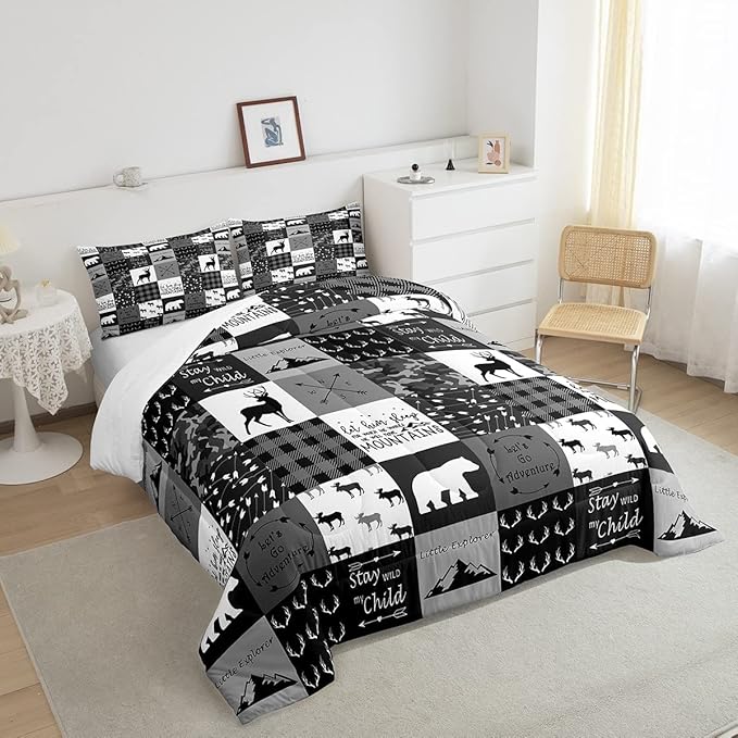 Feelyou Cute Deer Comforter Set Wild Deer Hunting Decor Comforter Soft Quilt for Kids Boys Antlers Wild Animal Natural Bedding Set,Black Grey with 2 Pillowcases 3Pcs Bedding Queen Boys