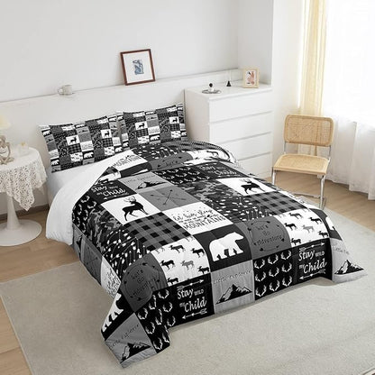 Feelyou Cute Deer Comforter Set Wild Deer Hunting Decor Comforter Soft Quilt for Kids Boys Antlers Wild Animal Natural Bedding Set,Black Grey with 1 Pillowcase 2Pcs Bedding Twin Boys