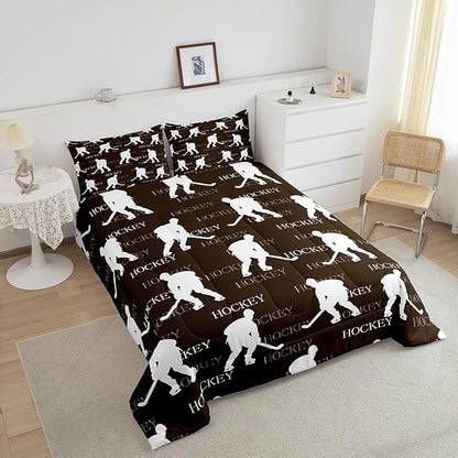 Hockey Sports Event King Size Comforter Set,Kids Brown Hockey Player Decor All Season Bedding Set,Teens Sports Game Comforter,Hockey Lover Decor Quilt Set Bedroom Collection 3Pcs