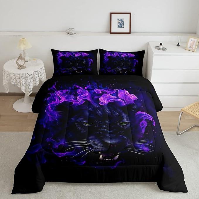 Feelyou Leopard Beddinig Set Black Panther Comforter Set for Kids Boys Girls Safari Cheetah Comforter Blue Fire Wild Animal Decor Quilt Set Room Decor 2Pcs Twin Size