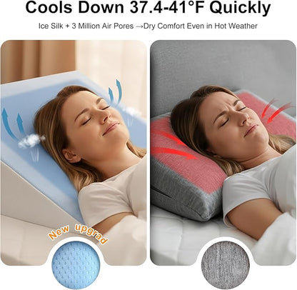 [2025 New 12" Memory Foam Wedge Pillow for Sleep Apnea, Sleeping, Acid Reflux Relief, Snoring, Dual Sided Cooling & Warm Fabric Triangle Pillow Wedge for After Surgery, Back, Leg - Blue