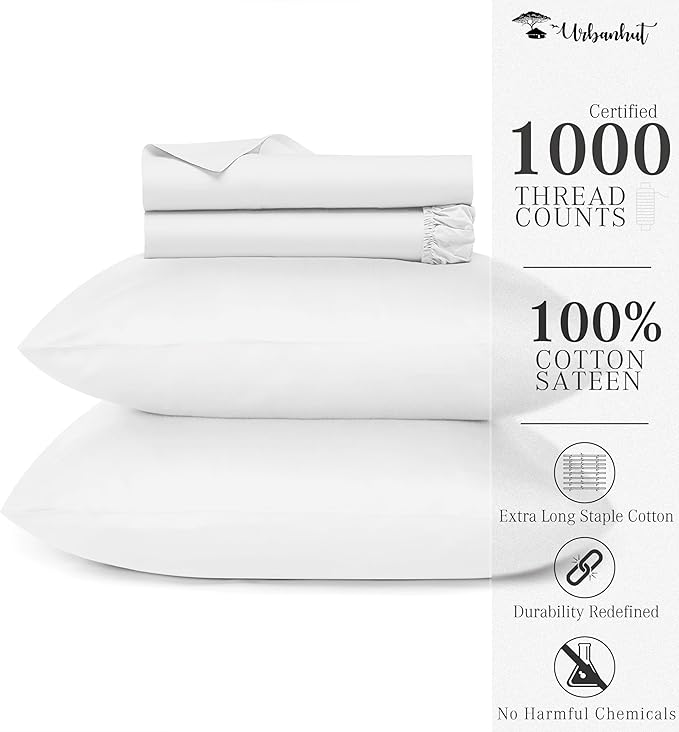 URBANHUT 1000 Thread Count Queen Sheet Set, Egyptian Cotton Sheets Queen Size, Hotel-Style Luxury Bedsheets, Fits up to 16" Deep Pocket Mattress, 4 Pc Soft & Breathable, Sateen Weave - White