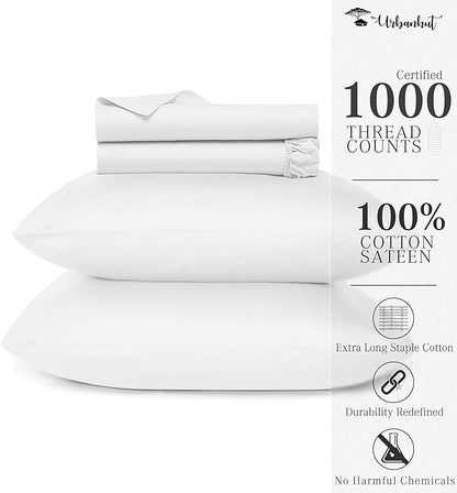 URBANHUT 1000 Thread Count Queen Sheet Set, Egyptian Cotton Sheets Queen Size, Hotel-Style Luxury Bedsheets, Fits up to 16" Deep Pocket Mattress, 4 Pc Soft & Breathable, Sateen Weave - White