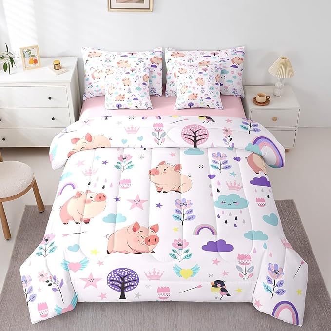 Erosebridal Floral Pig Bedding 7PCS Twin Size Comforter Sets for Boys Cartoon Animal Bedding Sets Cute Flower Bed in a Bag,1 Comforter,1 Flat Sheet,1 Fitted Sheet,2 Pillowcases,2 Throw Pillow Covers
