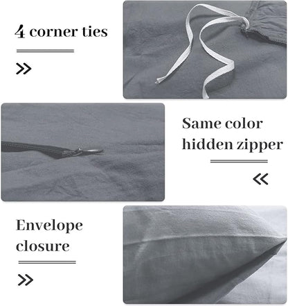 NEXHOME PRO Duvet Cover Set 100% Washed Cotton Full Size Linen Feel Textured Organic Natural 3 Pieces Bedding Set with Zipper Closure and Corner Ties, Breathable and Soft (Grey, No Comforter)