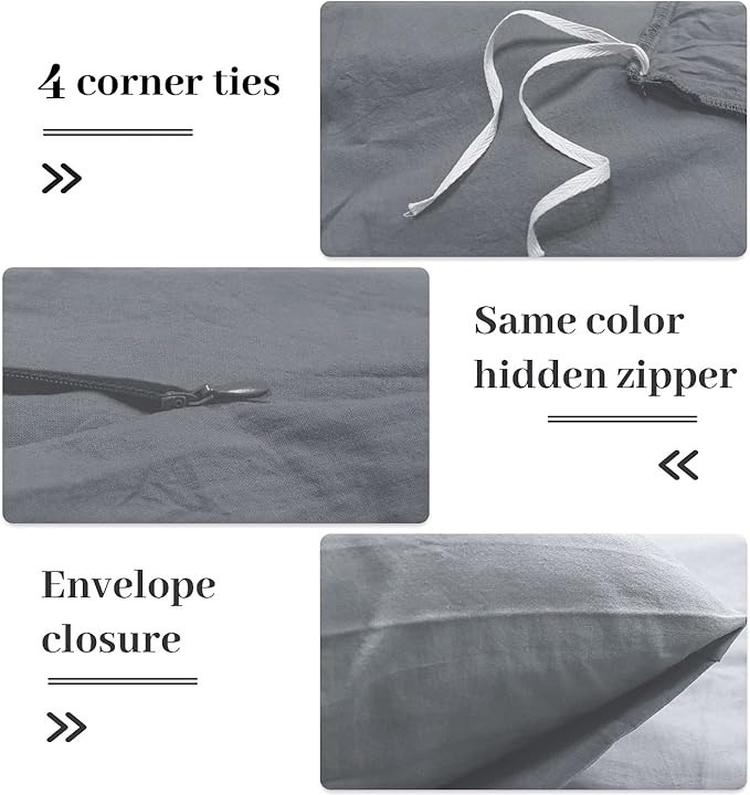NEXHOME PRO Cotton Duvet Cover Set King Size Linen Look Textured Organic Natural 100% Washed Cotton Duvet Cover 3 Pieces Bedding Set with Zipper Closure, Breathable, Soft, Grey (No Comforter)