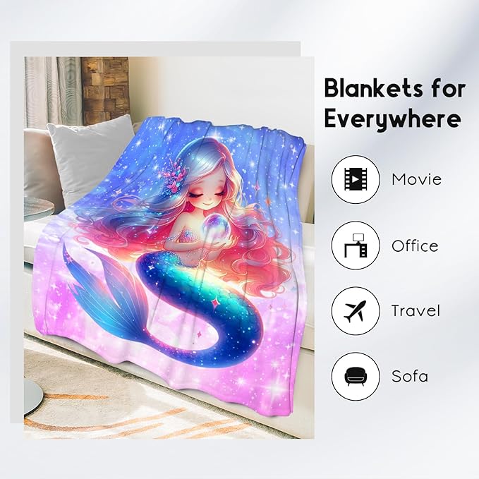 Girls Blanket Mermaid Blankets Gifts for Kids Adults - Cute Plush Cozy Flannel Throws Decor for Bedroom (60"x80")