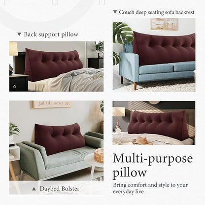 Headboard Wedge Pillow Large Reading Pillow Queen Size Bed Rest Back Support Pillow for Sitting up in Bed Daybed Couch Backrest Cushion Velvet Chocolate Brown