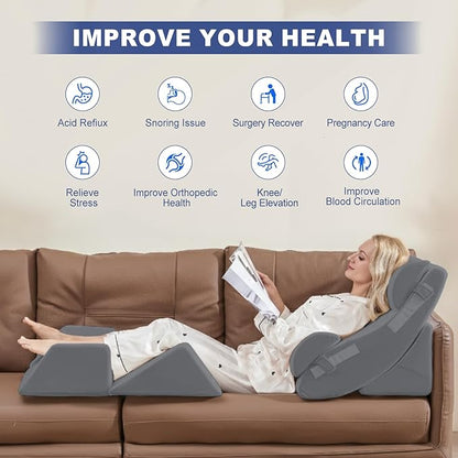 6PCS Multi-Functional Bed Wedge Pillow Kit - 7-in-1 Orthopedic Support for Back/Neck/Legs, Post Surgery Recovery & Sitting Up in Bed, Post Surgery Foam for Body, Grey