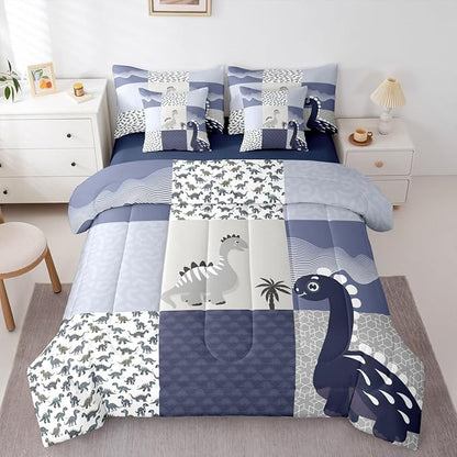 Feelyou Cute Dinosaur 7 Piece Bedding Set Dark Blue Dinosaur Comforter Set with Sheets King Size for Kids Boys Girls Geometric Pattern Bed in a Bag Animal Theme Bed Set Soft Lightweight