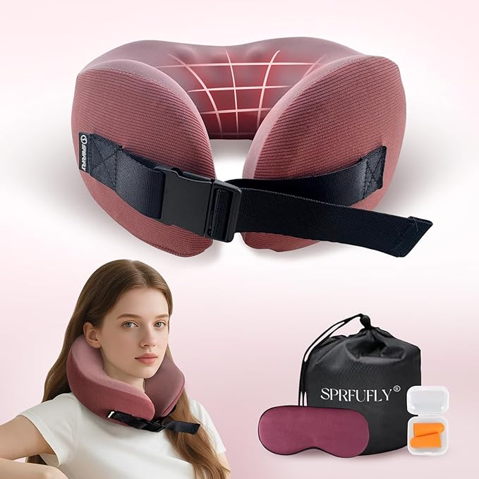 SPRFUFLY Super Comfy Travel Pillow - 100% Memory Foam Neck Pillow for Sleeping, Airplane Pillow with Sleep Mask & Earplugs, Travel Essentials Neck Pillow for Airplane, Car, Office & Home