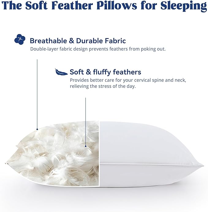 puredown® Goose Feather Down Pillows Queen Size Set of 2, Soft Fluffy Luxury Hotel Collection Bed Pillow for Back, Stomach or Side Sleeper.