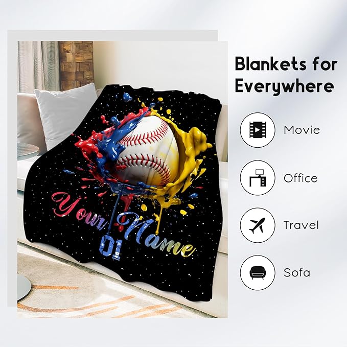 Personalized Baseball Blanket, Custom Baseball Gifts for Kids Boys Men, Sport Throw Blankets for Adults Team Player, Soft Flannel Throws Gift Home Decor (Colorful, 50x60 Inch)