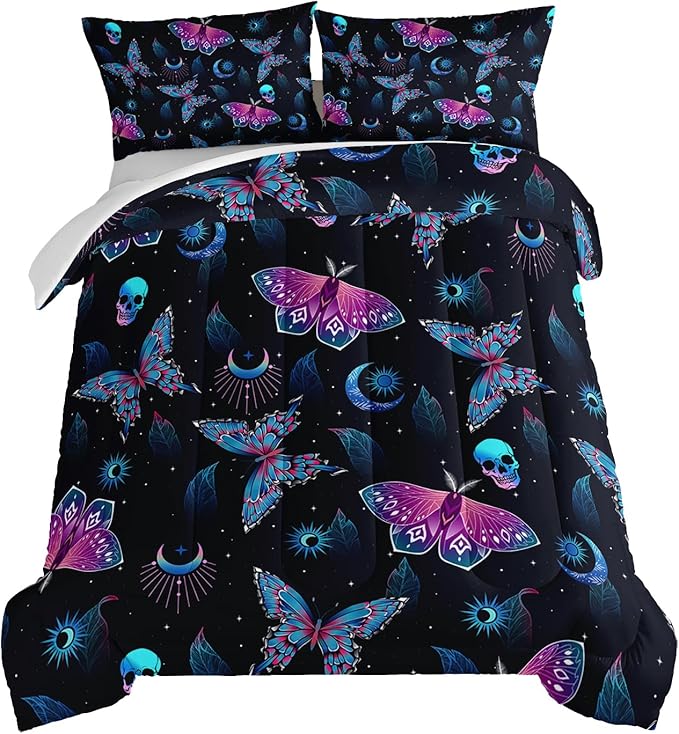HOSIMA Halloween Comforter for Queen Size Bed,Goth Bedding Set Black Comforter Skull Butterfly Bed in a Bag Queen Size for Adults Boys Girls Halloween Room Decor Dark Academia Bedding.