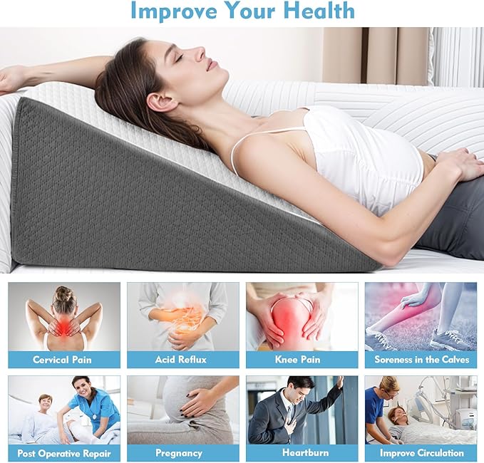 Wedge Pillow for Sleep Apnea, Bed Wedge Pillow for Headboard, Headboard Triangle Pillow Wedge for Acid Reflux, After Surgery, Snoring, Cooling Memory Foam Top, Removable Cover, 24x24x12Inch