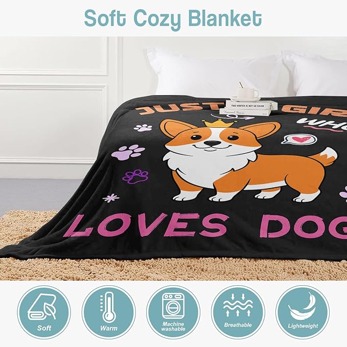 Puppy Corgi Lover Blanket, Just A Girl Who Loves Dogs Blanket, Soft Warm Cozy Fleece Throw, Gifts for Girls Women Kids, 50"x60", Black