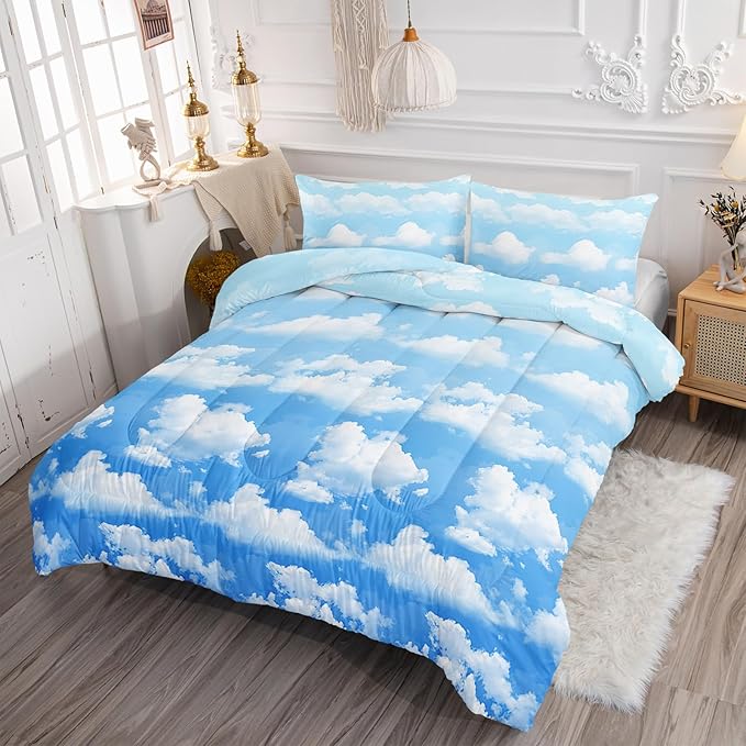 Axolotl Blue Cloud Comforter Set King,Cloud Sky Comforter for Kids,Light Blue Bedding Set,Blue Sky and White Clouds Bedding,Cute Clouds Sky Quilt for Girls Boys Teens,1 Duvet 2 Pillowcases