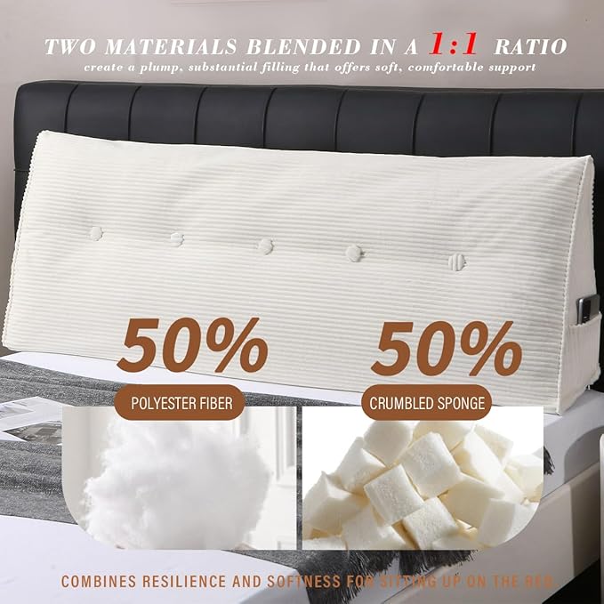 Wedge Headboard Pillow for Bed, King Dorm Headboard Support for Sitting Up Reading, Relaxing, Removable Washable Corduroy Cover, Polyester and Shredded Foam Filling, White
