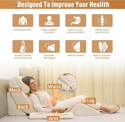 Betterhood 5pcs Orthopedic Bed Wedge Pillow Set, Adjustable Memory Foam, Post Surgery Foam for Back Neck & Leg Pain Relief Support, Acid Reflux, Snoring Reading, Sleeping, Sitting up, Beige