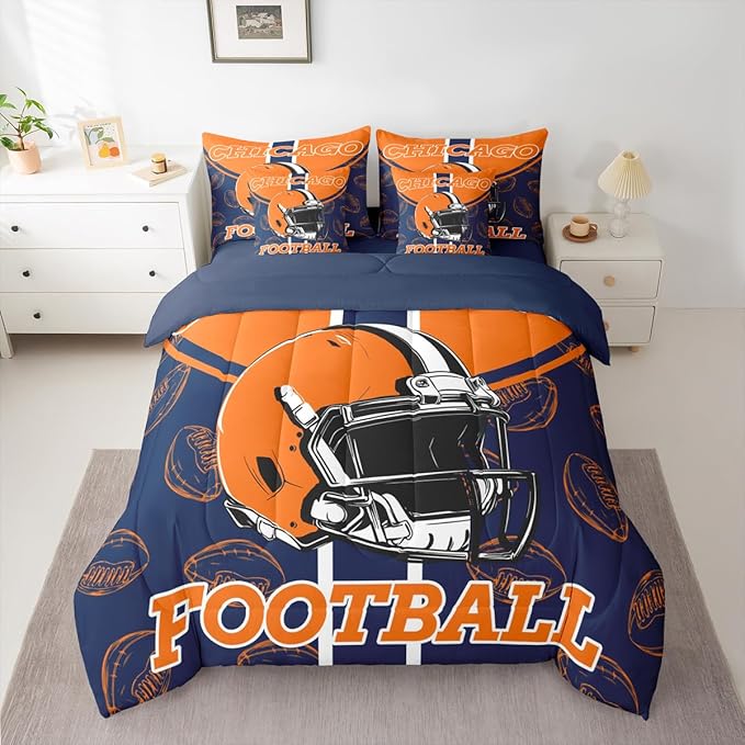 Feelyou Football Comforter Set with Sheets 7 Piece Full Size Ball Games Bed in a Bag Kids Boys Girls Rugby Bedding Set City of Footballs Bedroom Decor Rugby Sports