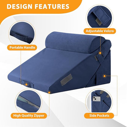 3PCS Wedge Pillow Set for After Surgery, Adjustable 9&12 Inch Bed Wedge Pillow for Sleeping, Incline Pillow Wedge for Headboard, Post Surgery, Acid Reflux, Neck&Back Support, Navy