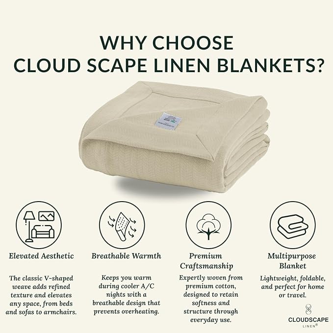 Cloud Scape Linen Herringbone Cotton Twin Blanket for Couch, Bed,Sofa, Home Decor, Soft, Weighted, All-Season, Winter Bed Blanket, Best Gift Idea, 68 x92, Fog