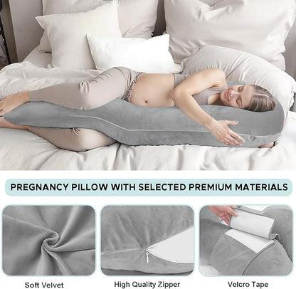 Pregnancy Pillows for Sleeping, E Shaped Maternity Pillow for Pregnant Women with Adjustable Wedge Pillow, 48 Inch Full Body Memory Foam Pillow for Side Sleeping with Washable Cover, Grey Velvet