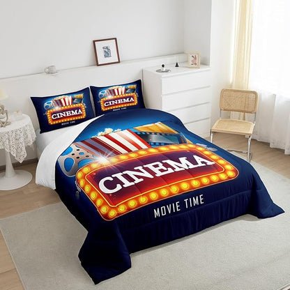 Castle Fairy Movie Theater Comforter Set,Vintage Cinema Ticket Bedding Set for Kids Girls Women,Adults Popcorn Comforter,Filmstrip Quilted Duvet Set Bedroom Collection Twin Size 2Pcs