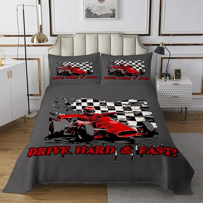 Erosebridal Queen Bed Linen Set, 3 Piece, Black & White Buffalo Checked Quilt Set with Red Racing Car Design, Breathable, 3D Digital Print, Polyester (feels like cotton), Machine Washable