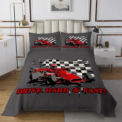 Erosebridal Sports Car Bedspread Speed Vehicles Coverlet Set for Adults Child Teens,Plaid Lattice Bedding Set Dirt Bike Hobby Activity Quilt Set Kids Car Theme Room Decor King Size Red Grey