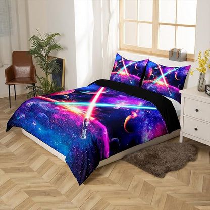 Lightsaber Duvet Cover Sets King,Galaxy Universe Planet Bedding Set 3pcs for Teens Boys Girls Room Decor,Trippy Star Sky Comforter Cover Watercolor Quilt Cover with 2 Pillowcases,Purple