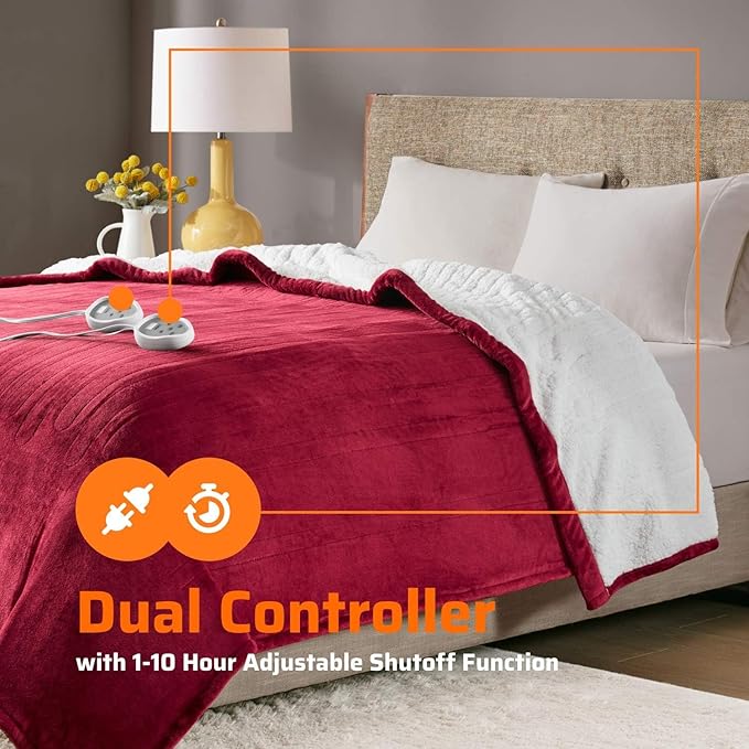 Degrees of Comfort Sherpa Plush Dual Control Electric Blanket Queen Size, Heating Blankets | Washable | Automatic Shut Off | Double Zone, 6 Heat Settings | 84" x 90" Red