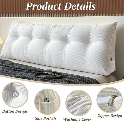 Wedge Headboard Pillow ，Reading Pillow Essentials backrest Cushion for Bed Gap Filler or Sofa (White, Queen(59 * 8 * 20in))