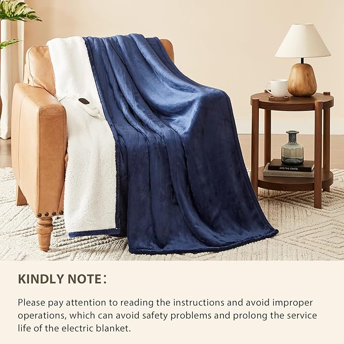 Homemate Heated Blanket Electric Throw - 50/''x60/'' Heating 1/2/4/6/8 Hours Auto-Off 10 Heat Level Over-Heat Protection Flannel Sherpa Heater ETL Certification, Blue