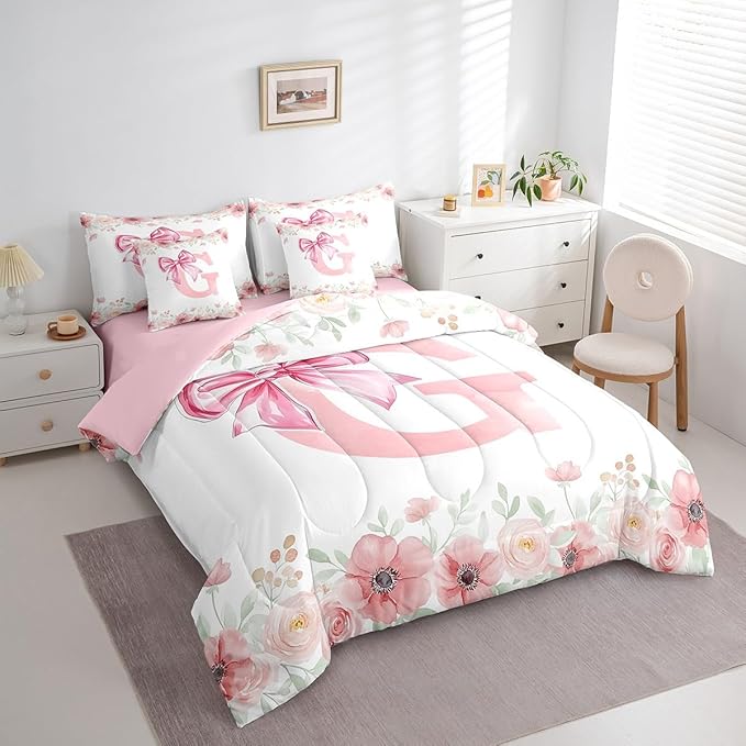 Erosebridal Initial Letter G Bed in A Bag Pink Kawaii Bow Bedding Sets for Girls King Size, Colorful Flower Floral Comforter Set with Sheets Fresh Style Light Pink White Bed Set Bedroom Decor