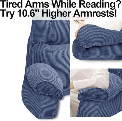 RRPAHWTV Reading Pillow for Bed with High Arm Rests ,Back Support Pillow for Sitting Up in Bed with Shredded Memory Foam for Reading, TV, Gaming or Relaxing on Floor（Dark Blue, Large）