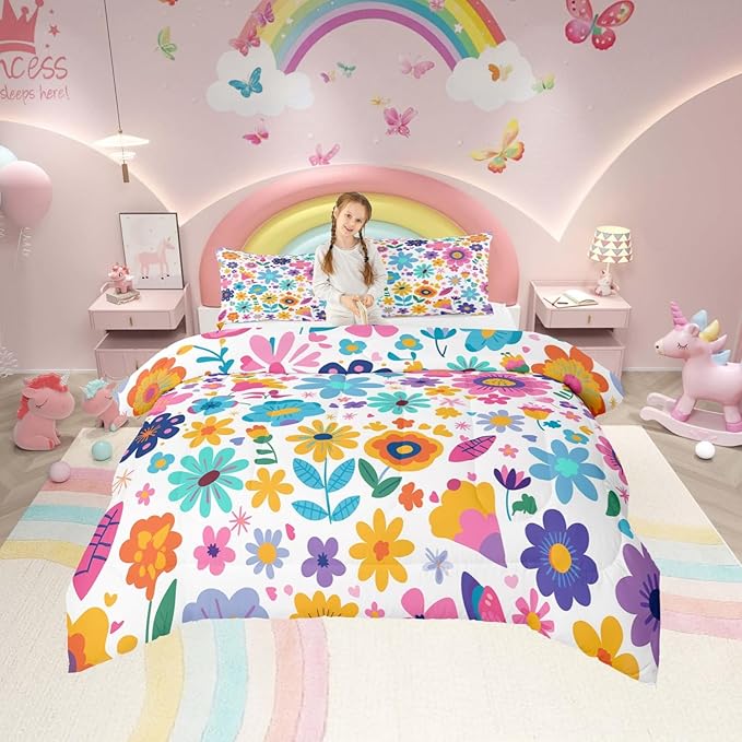 Erosebridal Cute Floral Queen Comforter Set for Girls Kids,Boho Flower Wildflower Bedding Set,Yellow Teal Pink Floral Quilt Country Spring Flowers Kawaii Room Decor with 2 Pillowcases