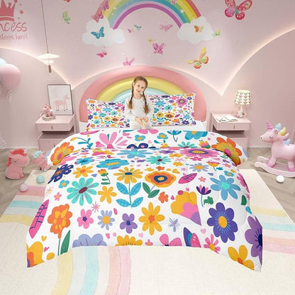 Erosebridal Cute Floral Full Comforter Set for Girls Kids,Boho Flower Wildflower Bedding Set,Yellow Teal Pink Floral Quilt Country Spring Flowers Kawaii Bedroom Decor with 2 Pillowcases