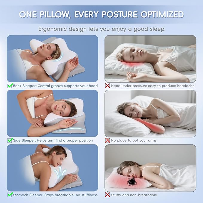 Cervical Neck Pillow, Memory Foam Pillows for Neck and Shoulder Pain Relief, 2 Heights Ergonomic Pillow with Breathable Ice Silk Cover, Neck Support Pillow for Side Back Stomach Sleepers