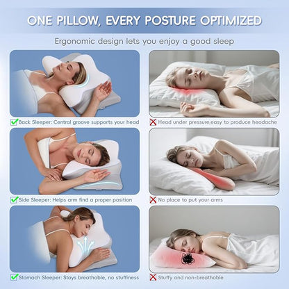 Cervical Neck Pillow, Memory Foam Pillows for Neck and Shoulder Pain Relief, 2 Heights Ergonomic Pillow with Breathable Ice Silk Cover, Neck Support Pillow for Side Back Stomach Sleepers